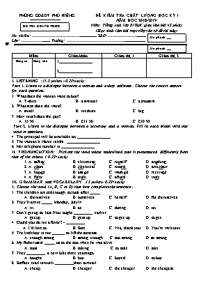 Đề kiểm tra chất lượng học kỳ I môn Tiếng Anh Lớp 8 - Năm học 2018-2019